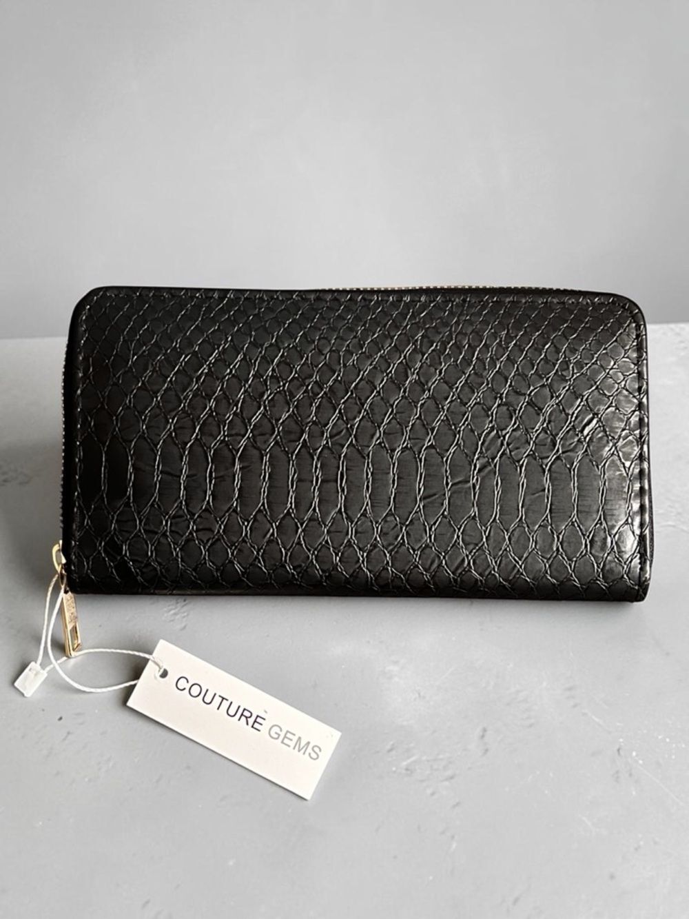 Couture Gems Black Croc-Embossed Zip Wallet